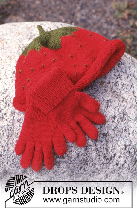 Berry Baby / DROPS Baby 10-23 - Stickat jordgubbsmössa i DROPS Karisma storlek 0/6mån - 8 år. Tröja i DROPS Vienna, storlek 2-8 år och vantar i DROPS Karisma storlek 2-8 år.