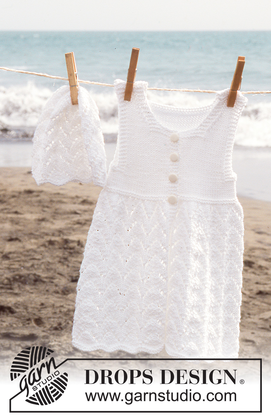 Beach Baby / DROPS Baby 10-7 - Short sleeved dress and hat in Safran