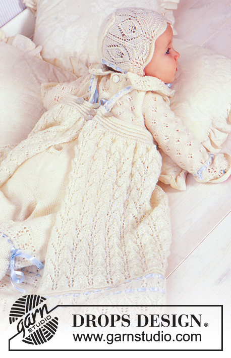 Angel Kissed / DROPS Baby 11-15 - The set comprises: Christening gown, bonnet and trousers.