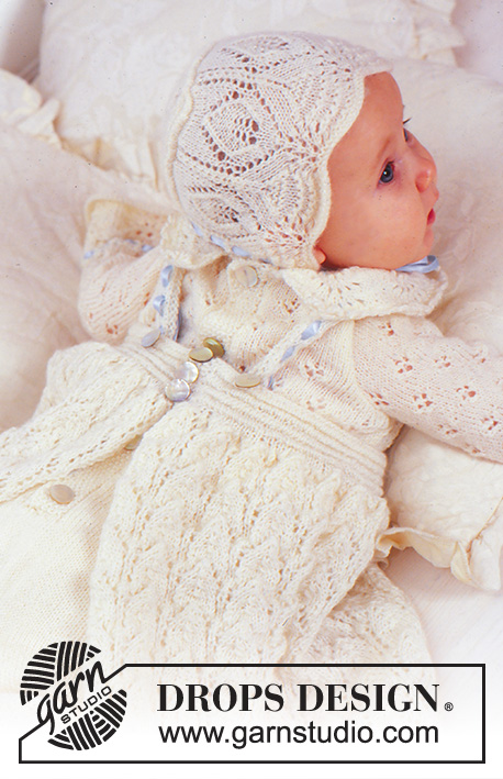 Angel Kissed / DROPS Baby 11-15 - The set comprises: Christening gown, bonnet and trousers.