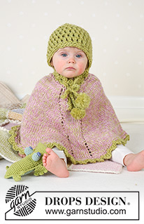 Little Sprout / DROPS Baby 14-1 - Stickad poncho med garnbollar och sockar i DROPS Alpaca, virkad mössa i DROPS Snow till baby och barn. Storlek 1 månad till 4 år.