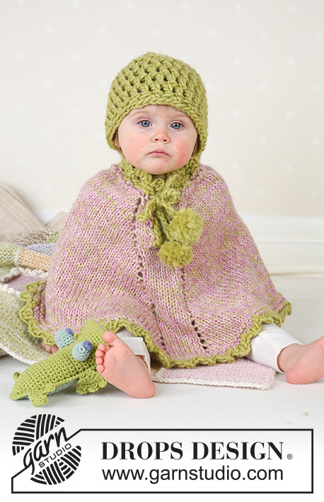 Little Sprout / DROPS Baby 14-1 - Stickad poncho med garnbollar och sockar i DROPS Alpaca, virkad mössa i DROPS Snow till baby och barn. Storlek 1 månad till 4 år.