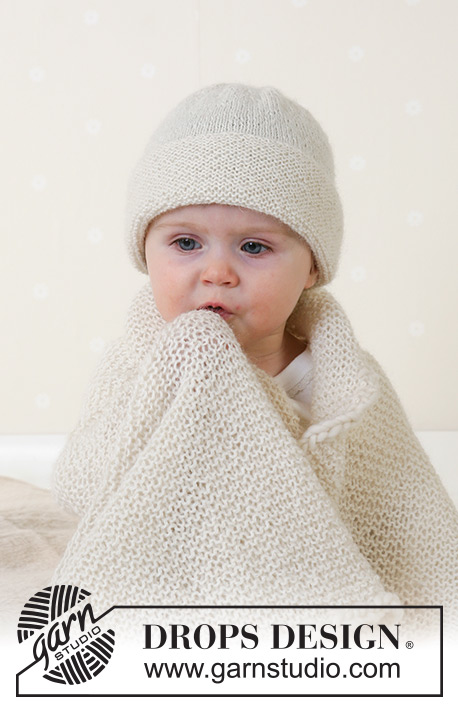 Petit Crème / DROPS Baby 14-12 - Rillestriket pledd og lue til baby og barn i DROPS Alpaca. Størrelser fra 1 måned til 4 år. Tema: Babyteppe