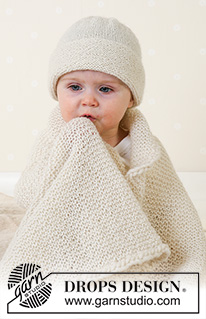 Petit Crème / DROPS Baby 14-12 - Deken en muts in ribbelsteeek, gebreid in DROPS Alpaca. Thema: babydeken