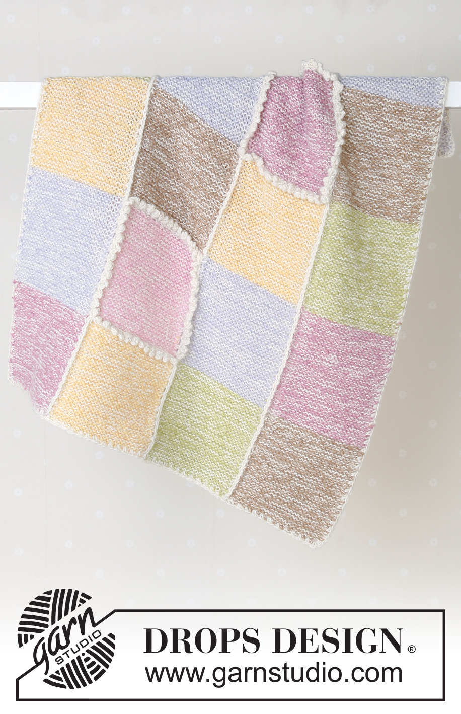 Pastel Checkers / DROPS Baby 14-19 - Knitted blanket with colourful squares in garter st, in 2 threads DROPS Alpaca. Theme: Baby blanket