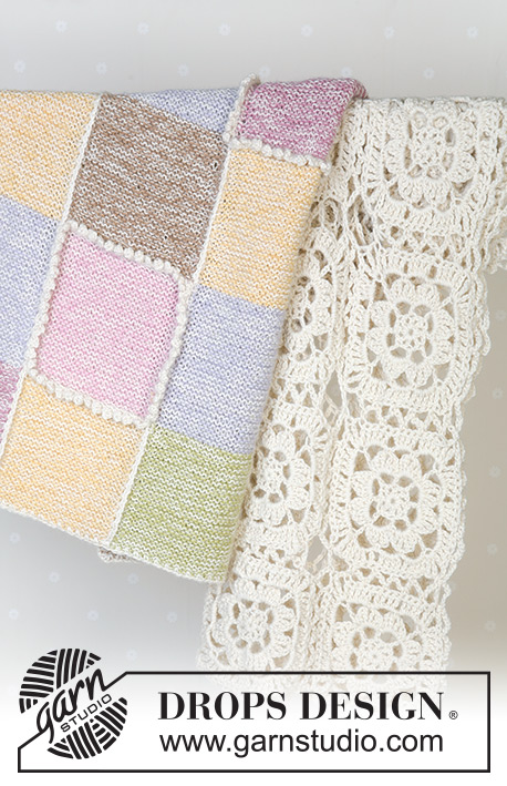 Pastel Checkers / DROPS Baby 14-19 - Knitted blanket with colourful squares in garter st, in 2 threads DROPS Alpaca. Theme: Baby blanket