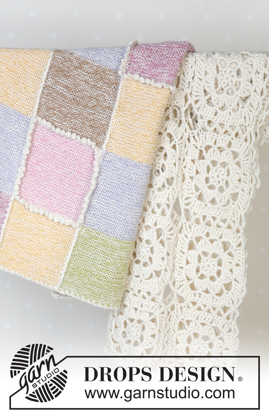 Pastel Checkers / DROPS Baby 14-19 - Knitted blanket with colourful squares in garter st, in 2 threads DROPS Alpaca. Theme: Baby blanket