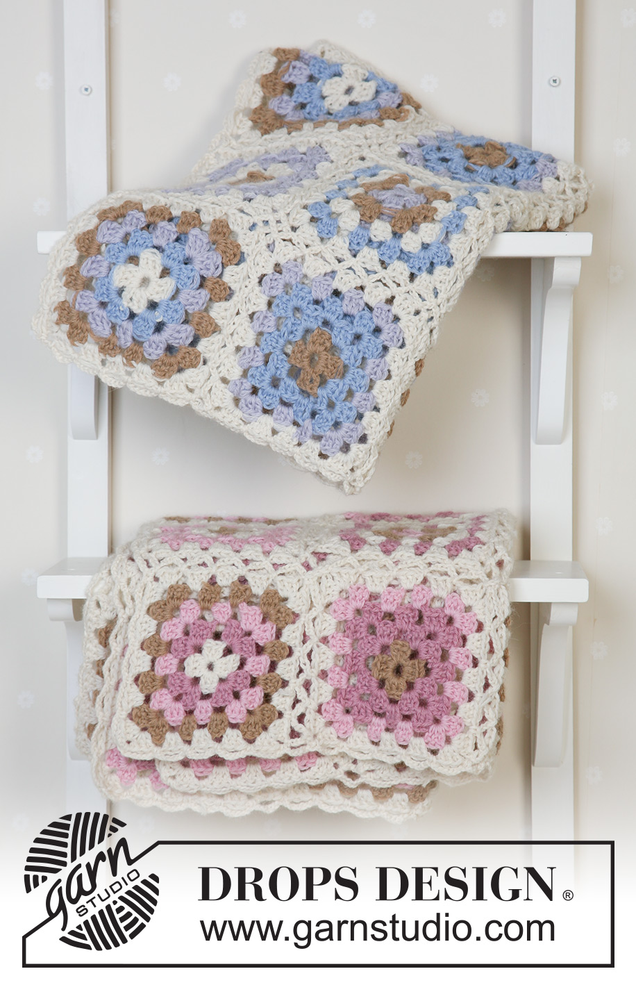 Granny's Hugs / DROPS Baby 14-24 - Virkad filt med mormorsrutor i 2 trådar DROPS Alpaca. Tema: Babyfilt