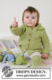 Green Leaf Cardigan / DROPS Baby 14-3 - Vauvan ja lapsen neulotut takki, potkuhousut ja putkisukat DROPS Alpaca-langasta. Takissa on huppu. Koot 1 kuukausi - 4 vuotta.