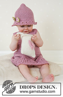 Little Miss Berry / DROPS Baby 14-4 - Virkad klänning och sommarhatt till baby och barn i DROPS Alpaca. Stickad och tovad väska i DROPS Alaska. Storlek 1 månad till 4 år.
