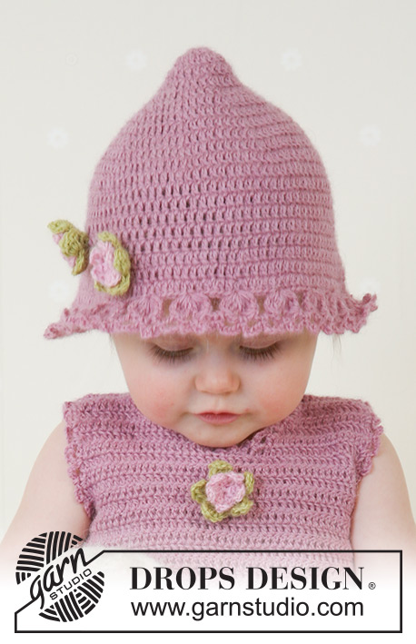 Little Miss Berry / DROPS Baby 14-4 - Virkad klänning och sommarhatt till baby och barn i DROPS Alpaca. Stickad och tovad väska i DROPS Alaska. Storlek 1 månad till 4 år.
