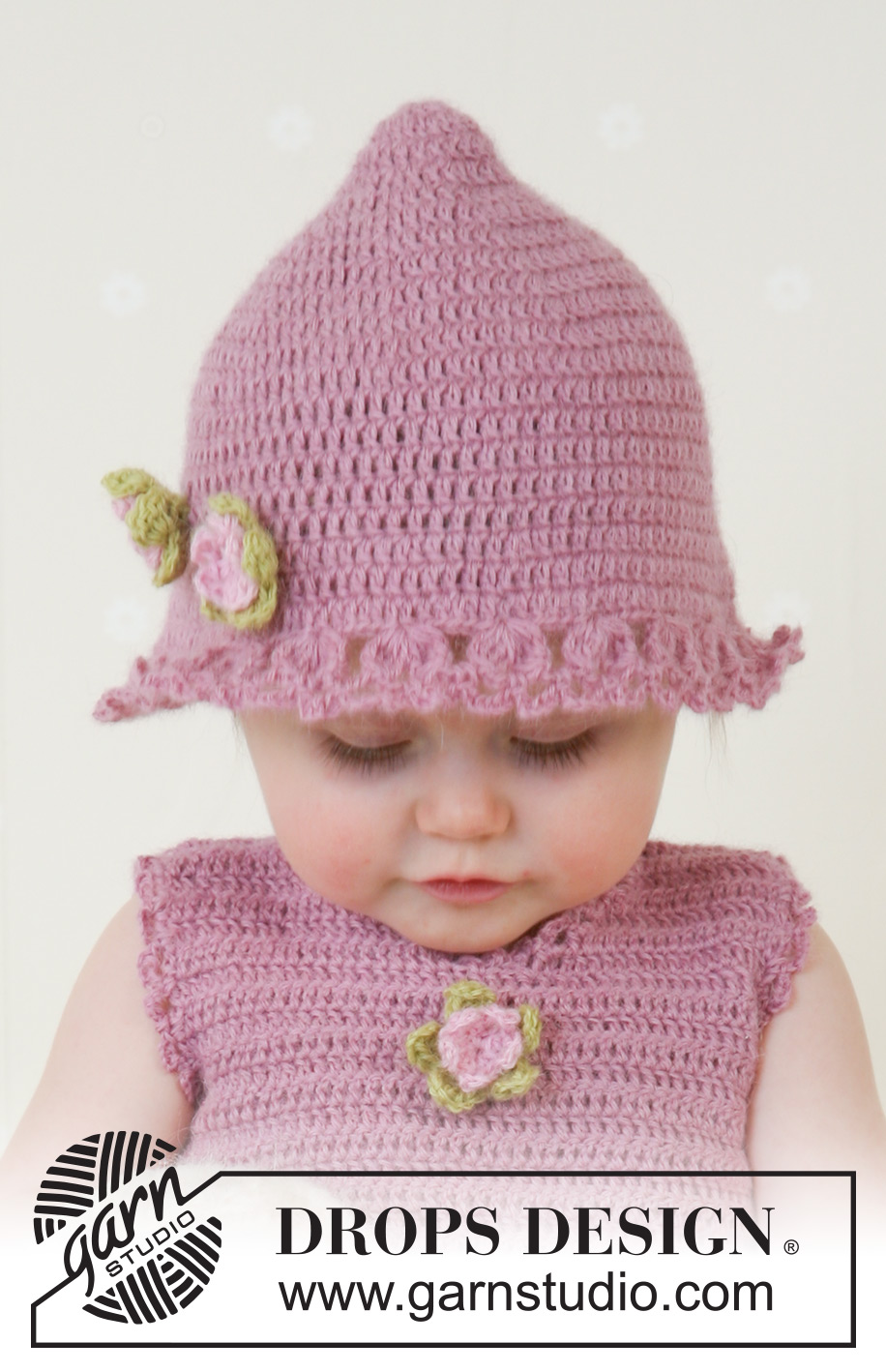 Little Miss Berry / DROPS Baby 14-4 - Virkad klänning och sommarhatt till baby och barn i DROPS Alpaca. Stickad och tovad väska i DROPS Alaska. Storlek 1 månad till 4 år.