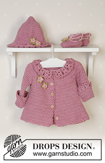 Little Miss Berry Cardigan / DROPS Baby 14-5 - Virkad kofta med runt ok och spetskant, sommarhatt och skor till baby och barn i DROPS Alpaca. Storlek 1 månad till 4 år.