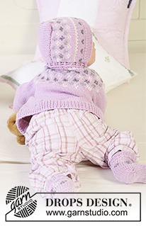 Strawberry Cheeks / DROPS Baby 19-1 - Set of knitted jacket with raglan sleeves and turtle neck, bonnet and socks with Nordic pattern for baby and children in DROPS Merino Extra Fine