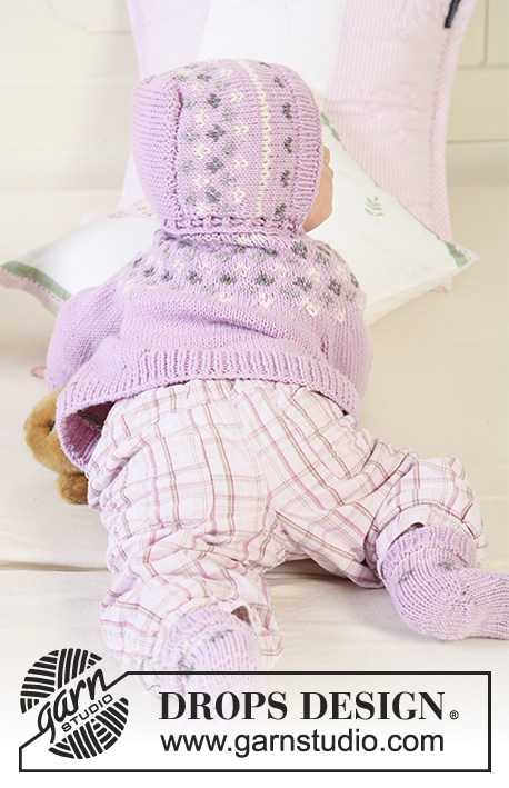 Strawberry Cheeks / DROPS Baby 19-1 - Set of knitted jacket with raglan sleeves and turtle neck, bonnet and socks with Nordic pattern for baby and children in DROPS Merino Extra Fine