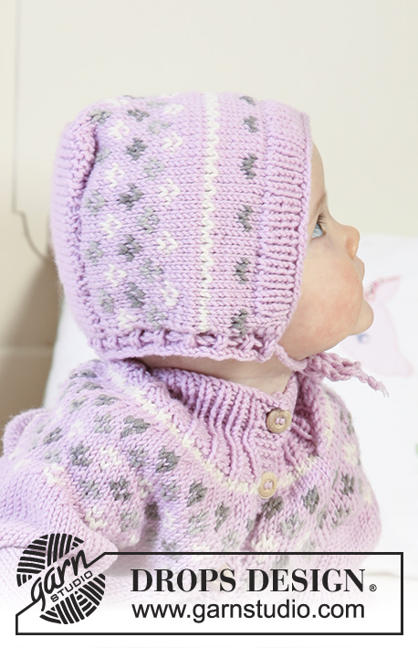 Strawberry Cheeks / DROPS Baby 19-1 - Set of knitted jacket with raglan sleeves and turtle neck, bonnet and socks with Nordic pattern for baby and children in DROPS Merino Extra Fine
