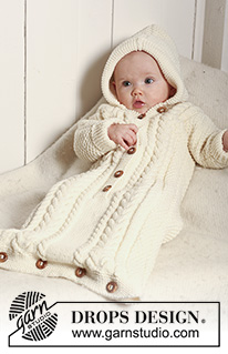 Snuggly Bunny / DROPS Baby 19-10 - Gestrickter Schlafsack mit angestrickten Ärmeln im Perlmuster, Strukturmuster und Zopfmuster für Babys in DROPS Merino Extra Fine