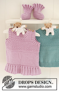 Sweet Sorbet / DROPS Baby 19-19 - Das Set umfasst: Gestricktes Kleid mit Strukturmuster und Volants sowie Schühchen mit Volants für Babys und Kinder in DROPS BabyMerino