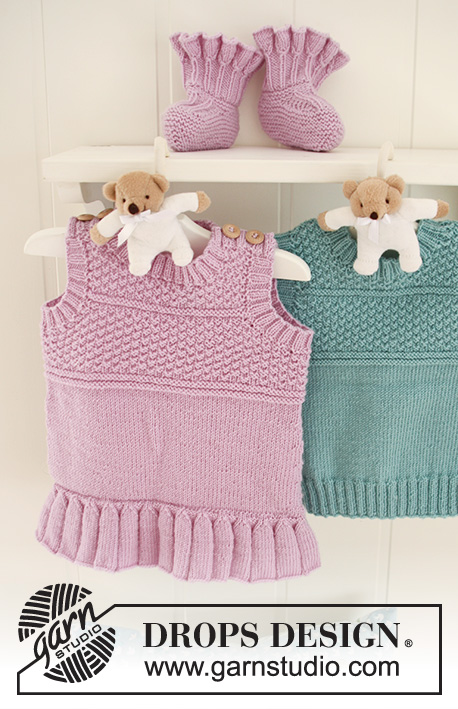Sweet Sorbet / DROPS Baby 19-19 - Das Set umfasst: Gestricktes Kleid mit Strukturmuster und Volants sowie Schühchen mit Volants für Babys und Kinder in DROPS BabyMerino