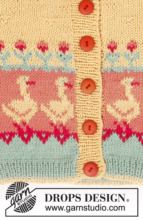 Baby Goose / DROPS Baby 2-2 - DROPS jacket with ducks and flowers and socks in “Safran”.
