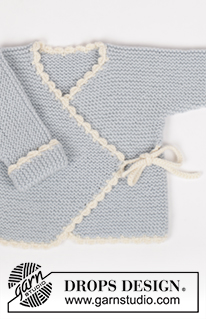 Boo Blue / DROPS Baby 20-24 - Set of knitted wrap-round jacket and pants in garter st with crochet borders and crochet teddy bear for baby and children in DROPS Merino Extra Fine