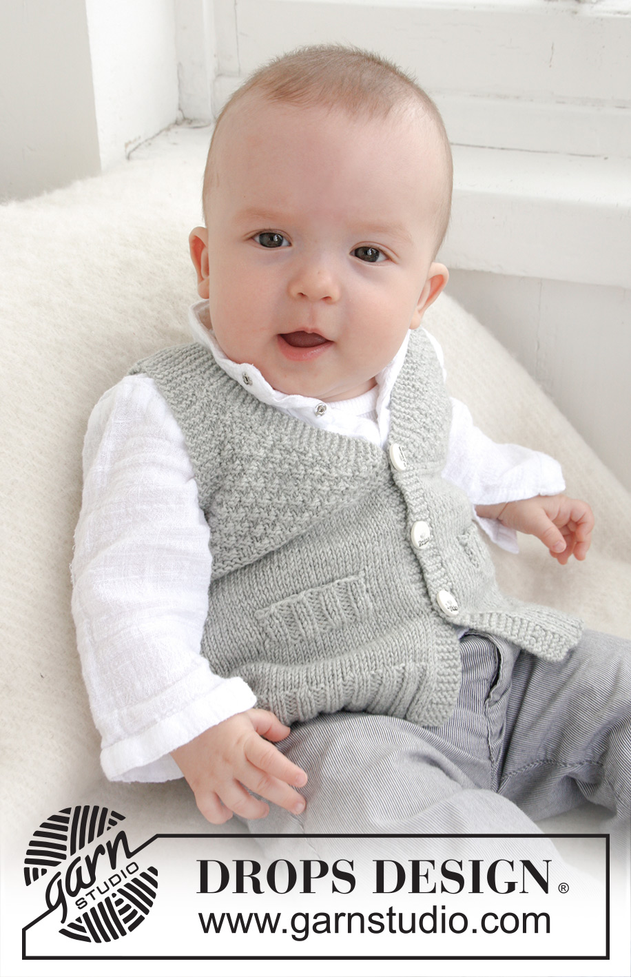 Junior / DROPS Baby 21-8 - DROPS BabyMerino või BabyAlpaca Silk lõngast kootud V-kaelusega ja tekstuure mustriga beebi vest 