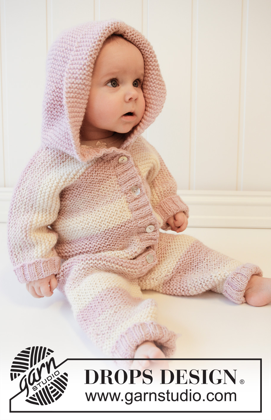 Playdate / DROPS Baby 25-17 - Knitted baby overall with hood in garter st worked in 2 threads DROPS Alpaca. Size 0 – 4 years.