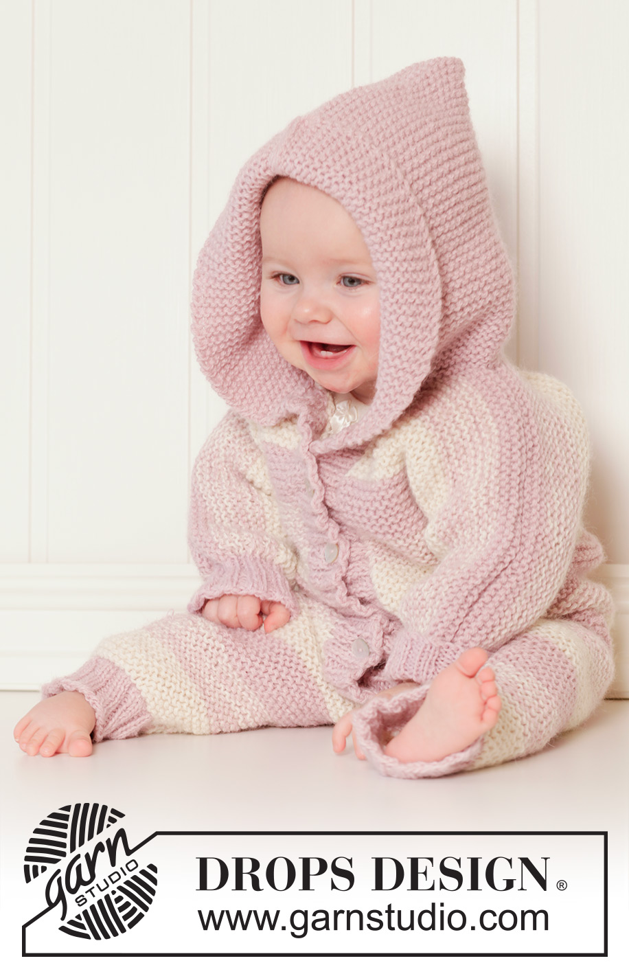 Playdate / DROPS Baby 25-17 - Knitted baby overall with hood in garter st worked in 2 threads DROPS Alpaca. Size 0 – 4 years.