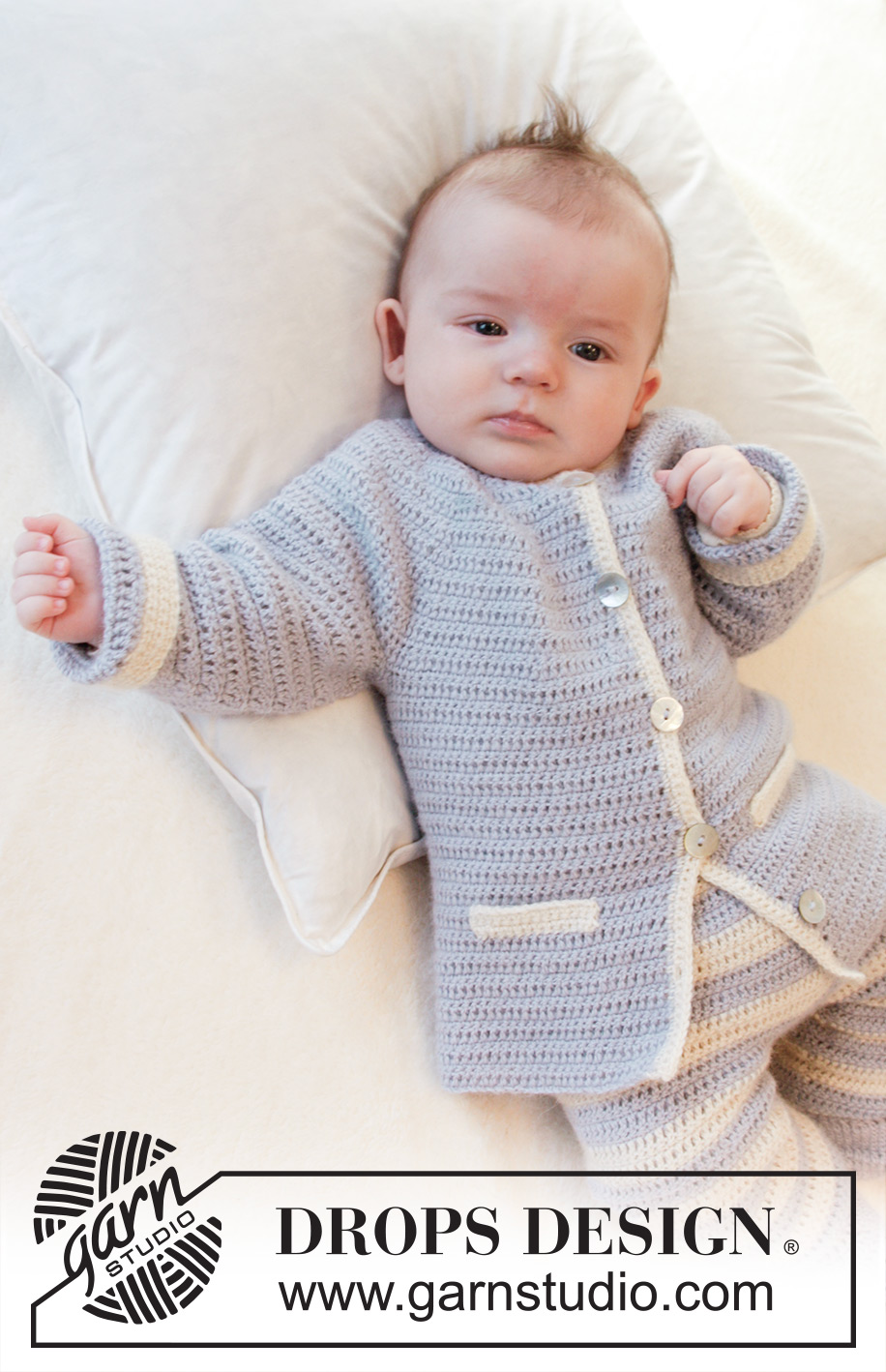 Heartthrob / DROPS Baby 25-21 - Vauvan virkattu kaarrokejakku taskureunuksilla DROPS Alpaca-langasta. Koot 0 - 4 v.