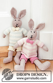 Mr. Bunny / DROPS Baby 25-8 - Knitted bunny toy with pants, jumper and bow in DROPS BabyMerino