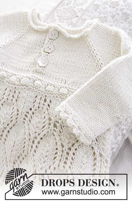 My Fairy / DROPS Baby 29-1 - This set is made up of: Dress for Christening or special occasions worked top down with raglan and lace pattern in DROPS Cotton Merino. Knitted hat with lace pattern in DROPS Cotton Merino. Baby sizes 0 - 2 years.