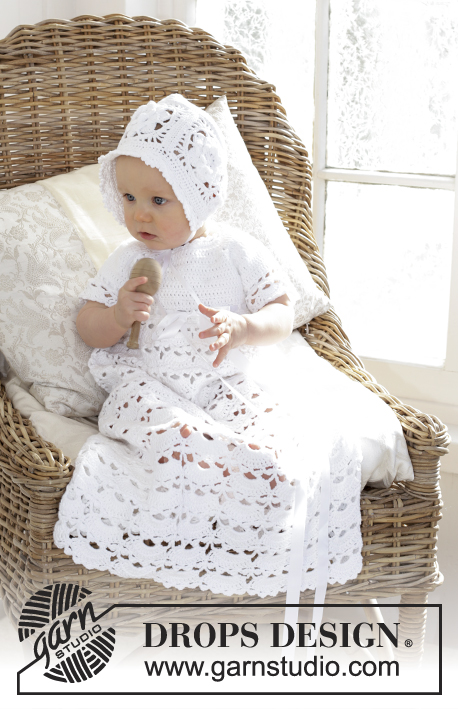 So Charming / DROPS Baby 29-3 - The baby set is made up of: Dress for Christening or special occasions, worked top down with raglan and open fan pattern in DROPS Safran. Crochet hat with flower squares and fan edge in DROPS Safran. Sizes 0 - 2 years.