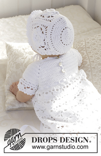 So Charming / DROPS Baby 29-3 - The baby set is made up of: Dress for Christening or special occasions, worked top down with raglan and open fan pattern in DROPS Safran. Crochet hat with flower squares and fan edge in DROPS Safran. Sizes 0 - 2 years.