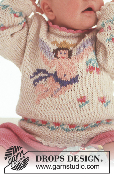 Little Angel / DROPS Baby 3-16 - DROPS jumper with angel motif in “Paris” and shorts in “Safran”.