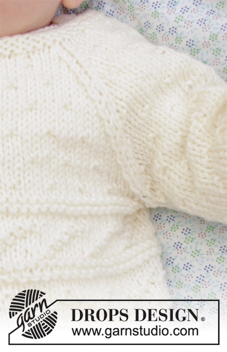 Precious Moments / DROPS Baby 33-11 - Knitted jacket for babies with raglan in DROPS Merino Extra Fine. The piece is worked bottom up with textured pattern. Sizes premature to 3/4 years.