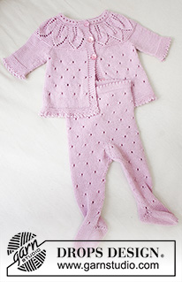 Pink Petals / DROPS Baby 33-13 - Prjónuð peysa fyrir börn og sokkabuxur úr DROPS BabyMerino. Peysan er prjónuð ofan frá og niður með blaðamynstri, hringlaga berustykki og A- formi. Sokkabuxurnar eru prjónaðar ofan frá og niður með gatamynstri. Stærð fyrirburar til 2 ára.