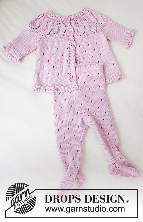 Pink Petals / DROPS Baby 33-13 - Prjónuð peysa fyrir börn og sokkabuxur úr DROPS BabyMerino. Peysan er prjónuð ofan frá og niður með blaðamynstri, hringlaga berustykki og A- formi. Sokkabuxurnar eru prjónaðar ofan frá og niður með gatamynstri. Stærð fyrirburar til 2 ára.