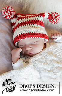Tiny Elf / DROPS Baby 33-5 - Gehäkelte Mütze für Babys in DROPS Merino Extra Fine. Die Arbeit wird gehäkelt mit Streifen und Pompons. Größe Frühchen - 4 Jahre.