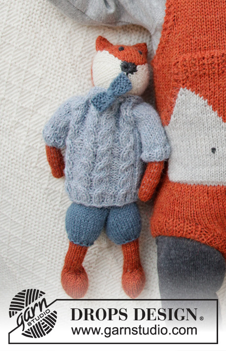 Mister Fox / DROPS Baby 36-11 - Strikket ræv med bukser, bluse og sløjfe i DROPS Alpaca.