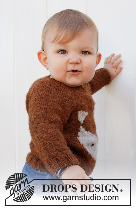 Little Fox / DROPS Baby 36-14 - Knitted jumper with raglan for babies and kids in DROPS Sky. The piece is worked top down with fox-pattern. Sizes 1 month – 8 years.
