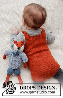 Baby Fox Onesie / DROPS Baby 36-2 - DROPS Alpaca lõngast kootud rebase mustriga, taskuga lühikesed traksidega püksid ( body) enneaegsele beebile kuni 4 aastasele lapsele