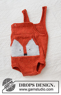 Baby Fox Onesie / DROPS Baby 36-2 - DROPS Alpaca lõngast kootud rebase mustriga, taskuga lühikesed traksidega püksid ( body) enneaegsele beebile kuni 4 aastasele lapsele