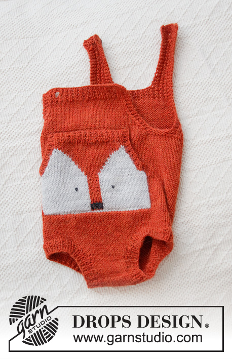 Baby Fox Onesie / DROPS Baby 36-2 - DROPS Alpaca lõngast kootud rebase mustriga, taskuga lühikesed traksidega püksid ( body) enneaegsele beebile kuni 4 aastasele lapsele