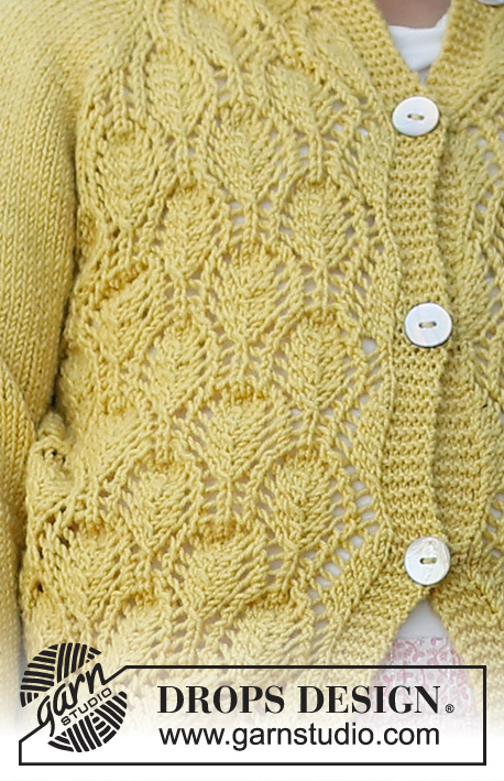 Sweet Marigold / DROPS Baby & Children 38-11 - Chaqueta de punto para bebés y niños en DROPS BabyMerino. La prenda está realizada de arriba abajo con el raglán y el patrón de calados. Tallas 6 meses - 8 años.