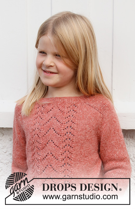 Sweet Begonia / DROPS Baby & Children 38-20 - Strikket genser til barn i DROPS Sky. Arbeidet strikkes ovenfra og ned med hullmønster og sadelskulder. Størrelse 3 – 14 år.