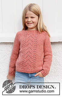 Sweet Begonia / DROPS Baby & Children 38-20 - Strikket genser til barn i DROPS Sky. Arbeidet strikkes ovenfra og ned med hullmønster og sadelskulder. Størrelse 3 – 14 år.