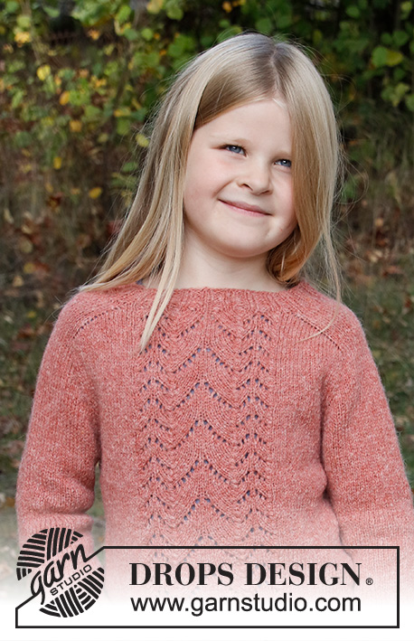 Sweet Begonia / DROPS Baby & Children 38-20 - Strikket genser til barn i DROPS Sky. Arbeidet strikkes ovenfra og ned med hullmønster og sadelskulder. Størrelse 3 – 14 år.