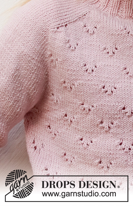 Pink Peony / DROPS Baby & Children 38-21 - Stickad tröja till barn i DROPS BabyMerino. Arbetet stickas uppifrån och ner med sadelaxel, hålmönster och korta ärmar. Storlek 3-14 år.