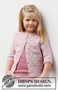 Pink Peony Cardigan / DROPS Baby & Children 38-22 - Gilet enfant tricoté de haut en bas en DROPS BabyMerino, avec point ajouré manches marteau et courtes. Du 3 au 14 ans.