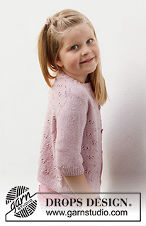 Pink Peony Cardigan / DROPS Baby & Children 38-22 - Gilet enfant tricoté de haut en bas en DROPS BabyMerino, avec point ajouré manches marteau et courtes. Du 3 au 14 ans.